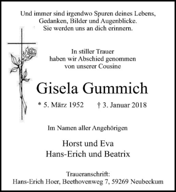 Anzeige von Gisela Gummich von Westfälische Nachrichten