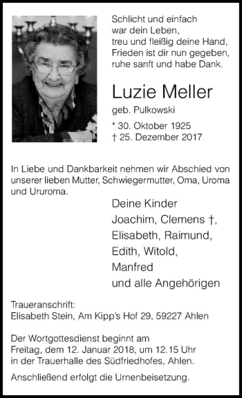 Anzeige von Luzie Meller von Westfälische Nachrichten