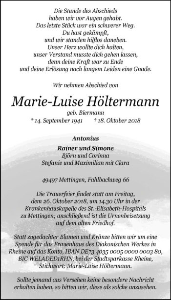 Anzeige von Marie-Luise Höltermann von Westfälische Nachrichten