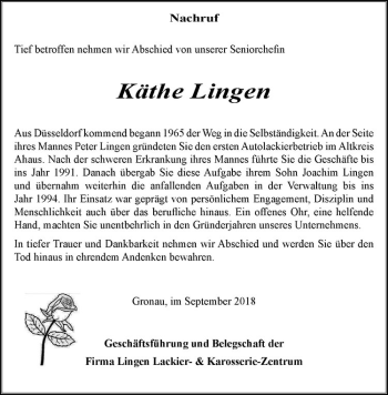 Anzeige von Käthe Lingen von Westfälische Nachrichten