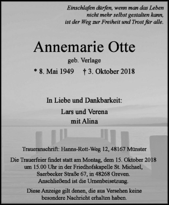 Anzeige von Annemarie Otte von Westfälische Nachrichten