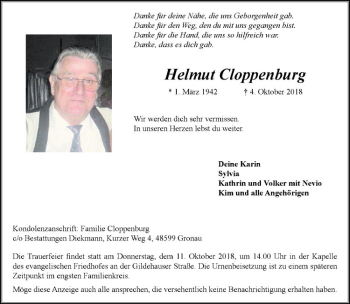 Anzeige von Helmut Cloppenburg von Westfälische Nachrichten