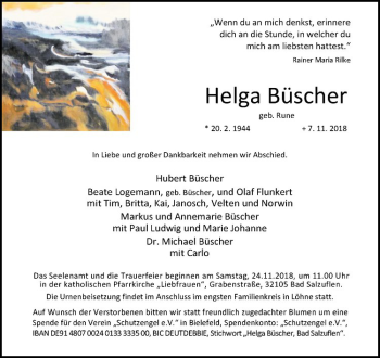 Anzeige von Helga Büscher von Westfälische Nachrichten