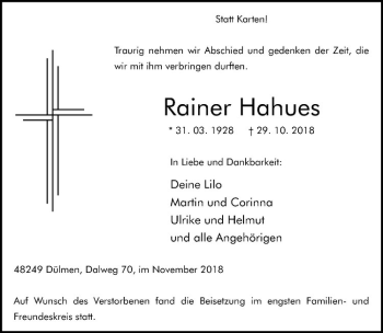 Anzeige von Rainer Hahues von Westfälische Nachrichten