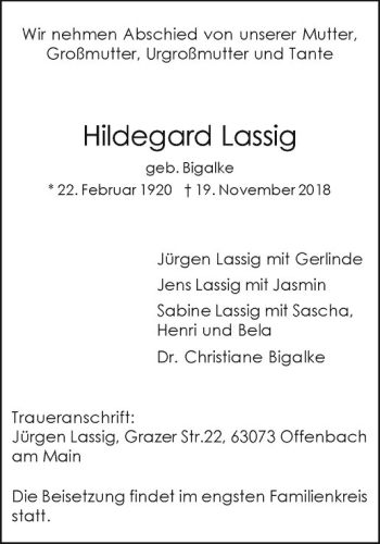 Anzeige von Hildegard Lassig von Westfälische Nachrichten