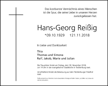 Anzeige von Hans-Georg Reißig von Westfälische Nachrichten