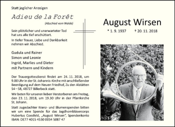 Anzeige von August Wirsen von Westfälische Nachrichten