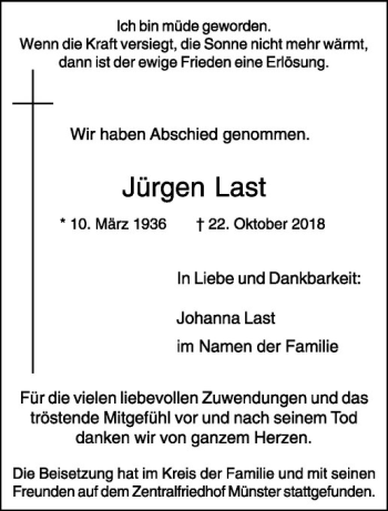 Anzeige von Jürgen Last von Westfälische Nachrichten