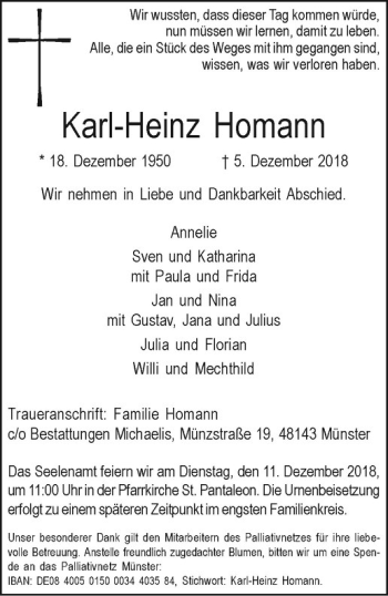 Anzeige von Karl-Heinz Homann von Westfälische Nachrichten