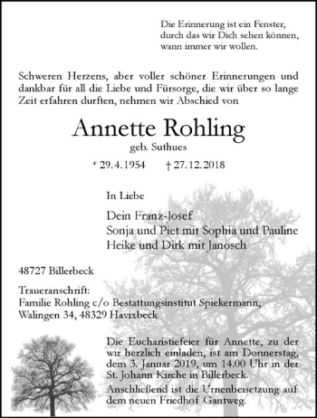 Anzeige von Annette Rohling von Westfälische Nachrichten