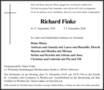 Anzeige von Richard Finke von Westfälische Nachrichten