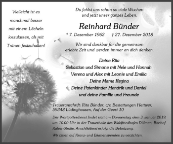 Anzeige von Reinhard Bünder von Westfälische Nachrichten