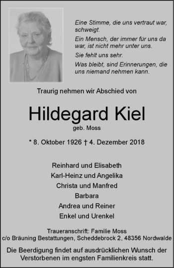 Anzeige von Hildegard Kiel von Westfälische Nachrichten