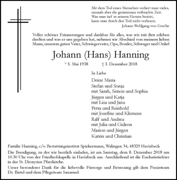 Anzeige von Johann Hanning von Westfälische Nachrichten