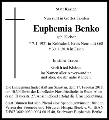 Anzeige von Euphemia Benko von Westfälische Nachrichten