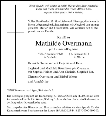 Anzeige von Mathilde Overmann von Westfälische Nachrichten