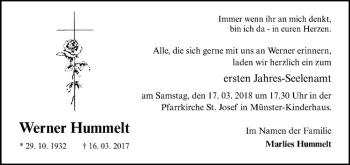 Anzeige von Werner Hummelt von Westfälische Nachrichten