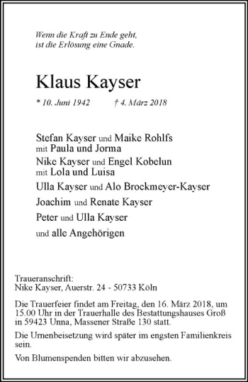 Anzeige von Klaus Kayser von Westfälische Nachrichten