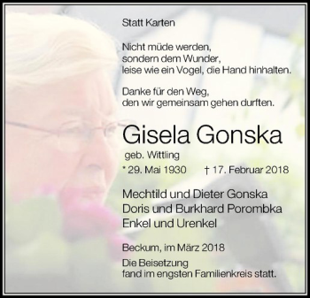 Anzeige von Gisela Gonska von Westfälische Nachrichten