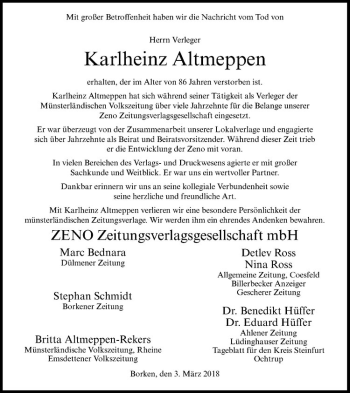 Anzeige von Karlheinz Altmeppen von Westfälische Nachrichten