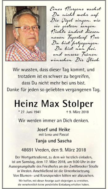 Anzeige von Heinz Max Stolper von Westfälische Nachrichten