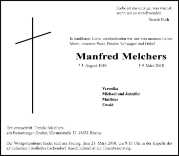 Anzeige von Manfred Melchers von Westfälische Nachrichten