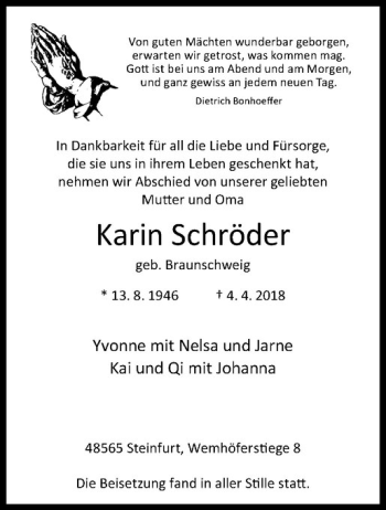 Anzeige von Karin Schörder von Westfälische Nachrichten