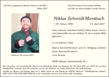 Anzeige von Niklas Schmidt-Morsbach von Westfälische Nachrichten