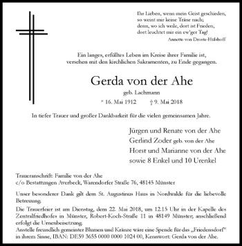 Anzeige von Gerda von der Ahe von Westfälische Nachrichten