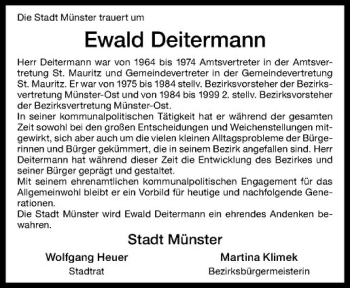 Anzeige von Ewald Deitermann von Westfälische Nachrichten