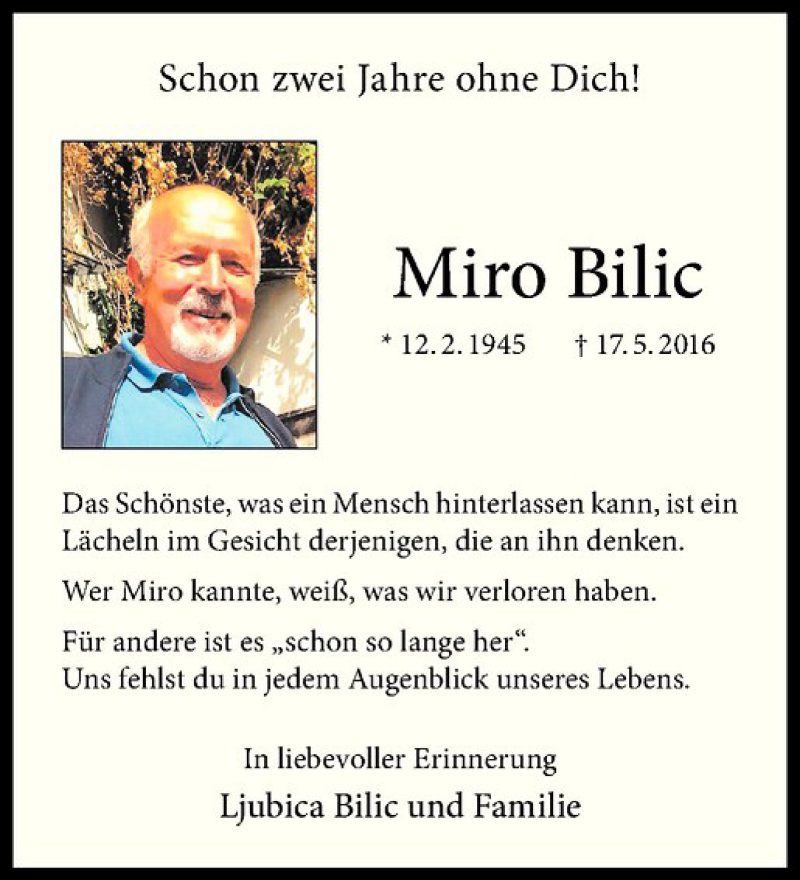  Traueranzeige für Miro Bilic vom 19.05.2018 aus Westfälische Nachrichten