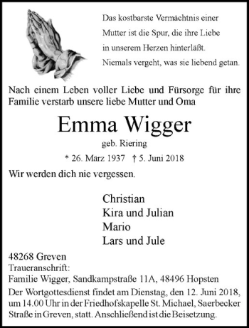 Anzeige von Emma Wigger von Westfälische Nachrichten