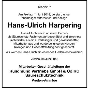 Anzeige von Hans-Ulrich Harpering von Westfälische Nachrichten