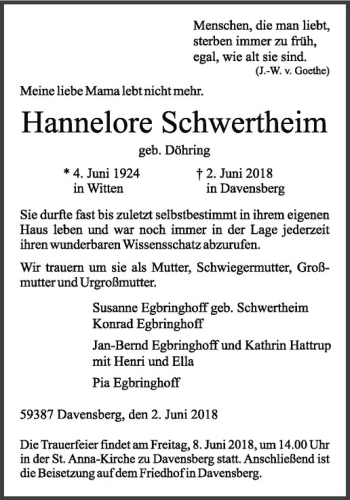 Anzeige von Hannelore Schwertheim von Westfälische Nachrichten