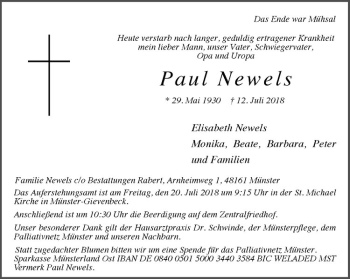 Anzeige von Paul Newels von Westfälische Nachrichten