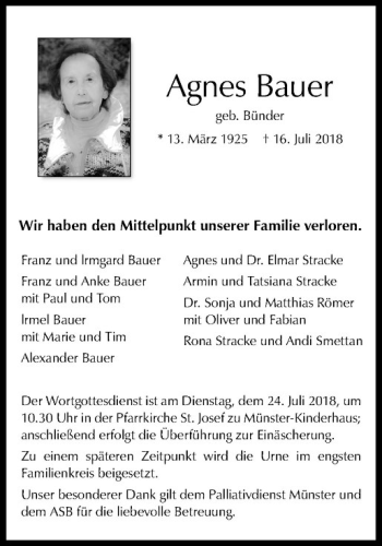 Anzeige von Agnes Bauer von Westfälische Nachrichten