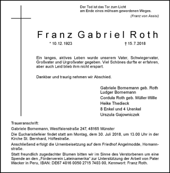 Anzeige von Franz Gabriel Roth von Westfälische Nachrichten