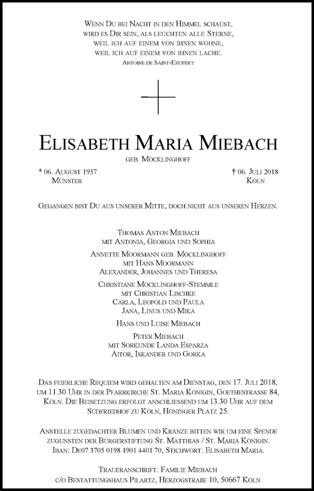 Traueranzeigen Von Elisabeth Maria Miebach Www Trauer Ms