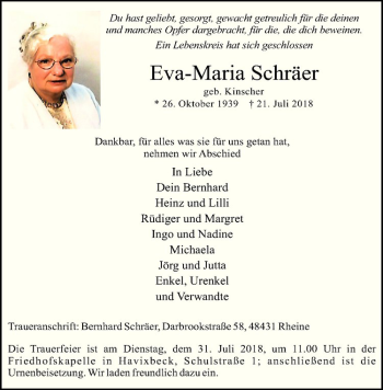 Anzeige von Eva-Maria Schräer von Westfälische Nachrichten