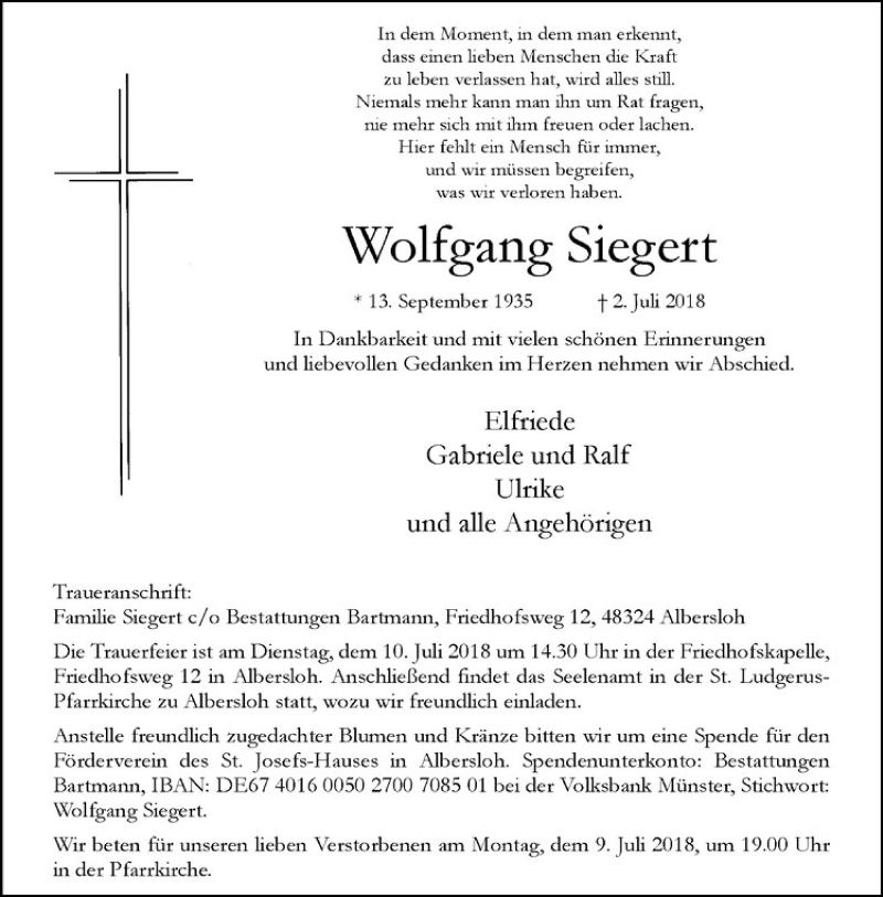  Traueranzeige für Wolfgang Siegert vom 07.07.2018 aus Westfälische Nachrichten