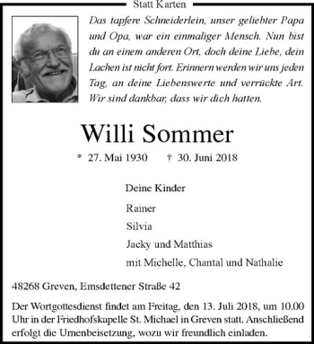 Traueranzeigen von Willi Sommer | www.trauer.ms