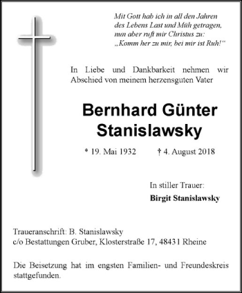 Anzeige von Bernhard Günter Stanislawsky von Westfälische Nachrichten