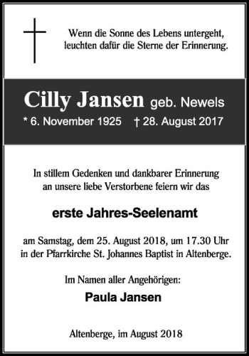 Anzeige von Cilly Jansen von Westfälische Nachrichten