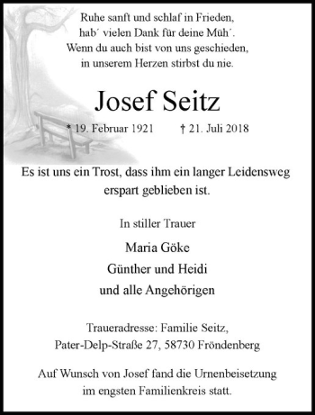 Anzeige von Josef Seitz von Westfälische Nachrichten