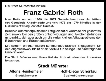 Anzeige von Franz Gabriel Roth von Westfälische Nachrichten