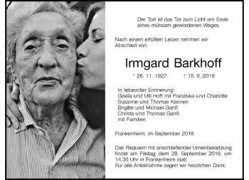 Anzeige von Irmgard Barkhoff von Westfälische Nachrichten