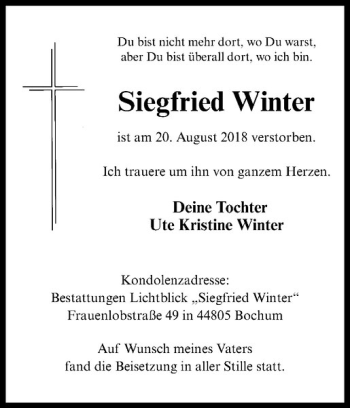 Anzeige von Siegfried Winter von Westfälische Nachrichten