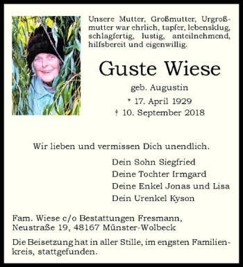 Anzeige von Guste Wiese von Westfälische Nachrichten