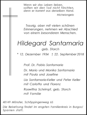 Anzeige von Hildegard Santamaria von Westfälische Nachrichten