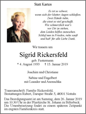 Anzeige von Sigrid Rickersfeld von Westfälische Nachrichten